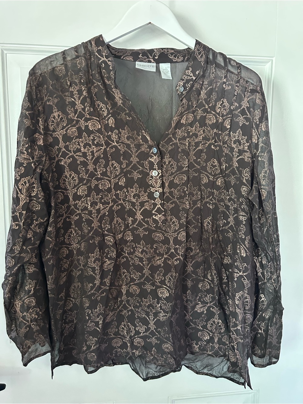 Chico's Brown Sheer Blouse with Metallic Gold Print